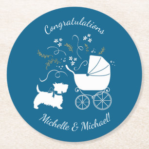 Posavasos Redondo De Papel Scotty Dog Baby Shower Puppy Scottish Terrier Blue