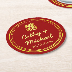 Posavasos Redondo De Papel Sello de logotipo de doble felicidad de boda china