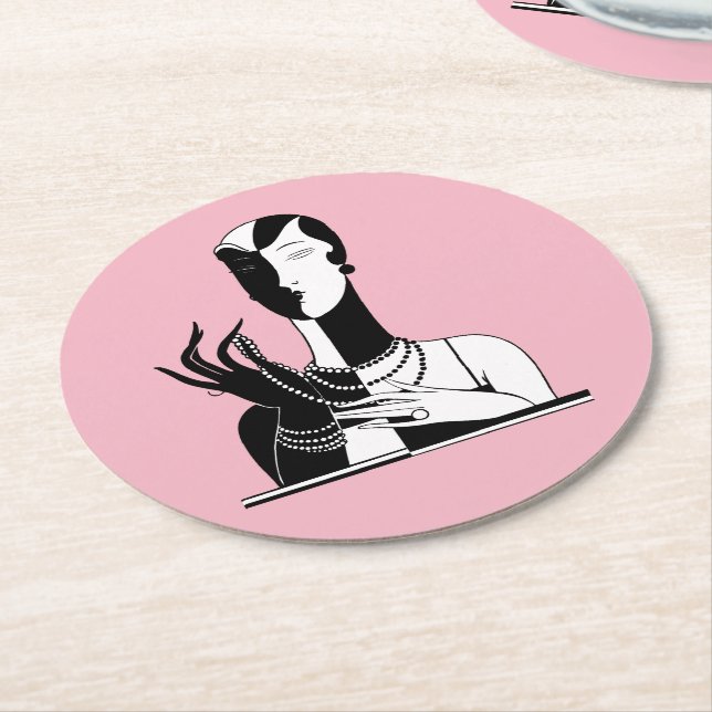 Posavasos Redondo De Papel Señora del Art Deco Vintage con Perlas Blk Blanco (En perspectiva)