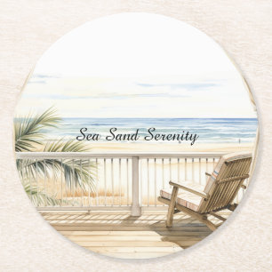Posavasos Redondo De Papel Serenidad de la playa con vista al océano
