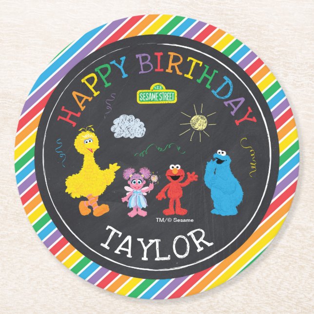 Posavasos Redondo De Papel Sésamo Street Pals Chalkboard Rainbow Birday (Anverso)