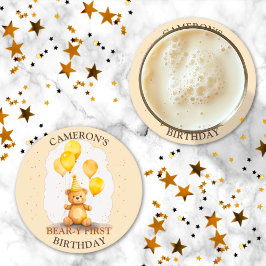 Posavasos Redondo De Papel Sexo de nacimiento del primer cumpleaños: oso amar