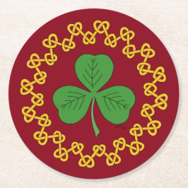 Posavasos Redondo De Papel Shamrock y Knotwork en rojo