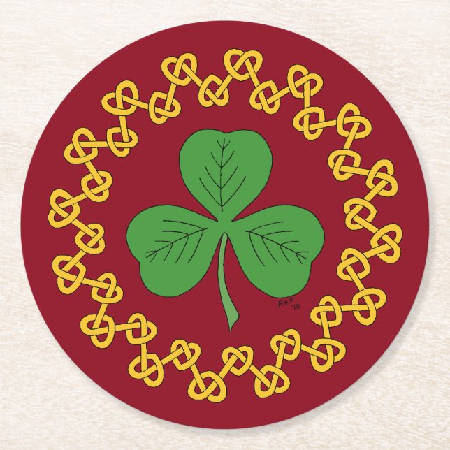 Posavasos Redondo De Papel Shamrock y Knotwork en rojo (Anverso)