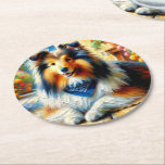 Posavasos Redondo De Papel Shetland Sheepdog in Cottage Garden Scene<br><div class="desc">This charming Shetland Sheepdog painting captures the heartwarming presence of a fluffy sheltie lounging peacefully on a sunlit porch, framed by vibrant, blooming flowers in terracotta pots. With its impressionist brushstrokes and rich, saturated colors, the design blends a rustic cottagecore vibe with an affectionate nod to loyal canine companionship. The...</div>
