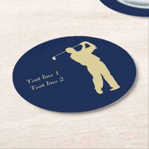 Posavasos Redondo De Papel Silhouette Golfer dorada sobre el azul