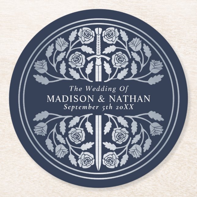 Posavasos Redondo De Papel Silver Blue Royal Medieval Sword Wedding (Anverso)