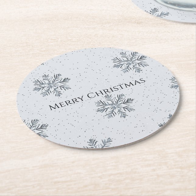 Posavasos Redondo De Papel Silver Grey Winter Snowflakes Christmas (En perspectiva)