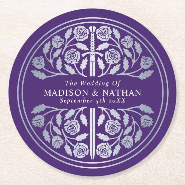 Posavasos Redondo De Papel Silver Purple Royal Medieval Sword Wedding (Anverso)