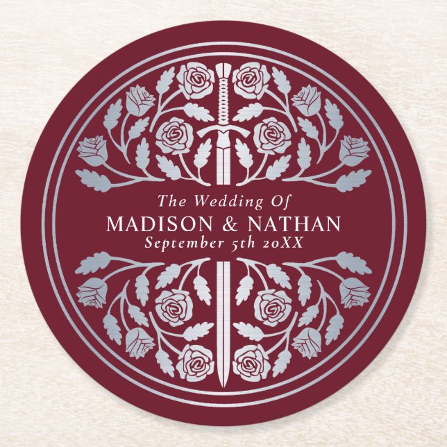 Posavasos Redondo De Papel Silver Red Royal Medieval Sword Wedding (Anverso)