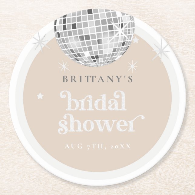 Posavasos Redondo De Papel Silver Retro Disco Groovy Bridal Shower (Anverso)