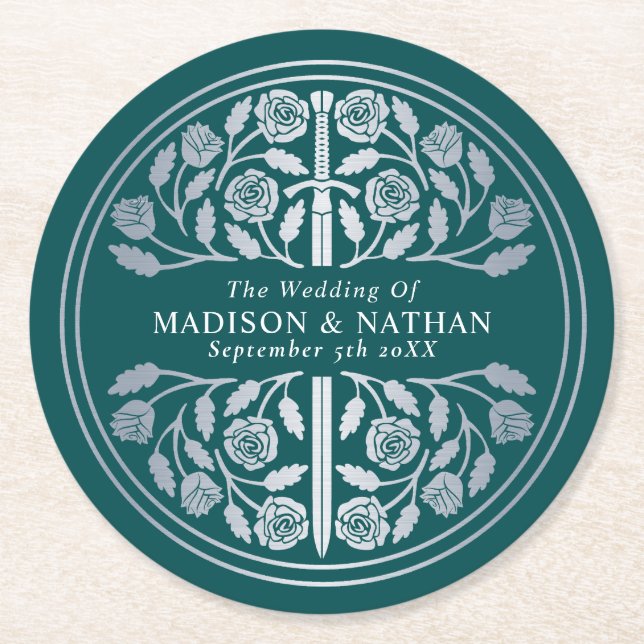 Posavasos Redondo De Papel Silver Teal Royal Medieval Sword Wedding (Anverso)