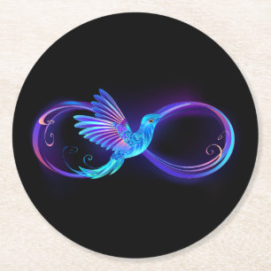 Posavasos Redondo De Papel Símbolo de infinito neón con colibrí brillante