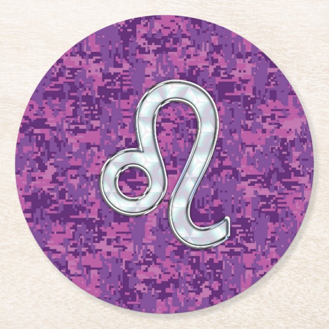 Posavasos Redondo De Papel Símbolo de Leo Zodiac sobre el camo digital de la  (Anverso)