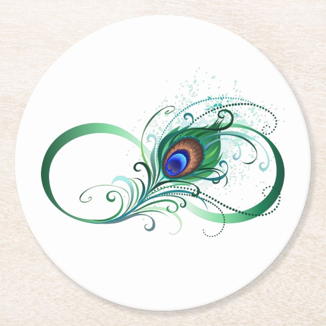 Posavasos Redondo De Papel Símbolo infinito con pluma de pavo real (Anverso)