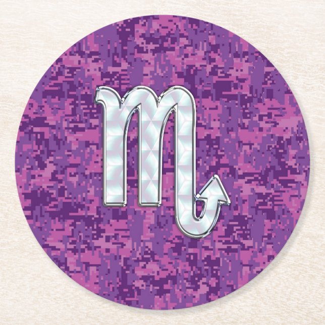 Posavasos Redondo De Papel Símbolo zodiaco escorpión en camo digital rosado (Anverso)