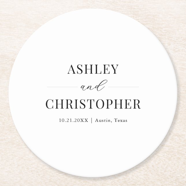 Posavasos Redondo De Papel Simple Modern Black and White Wedding (Anverso)