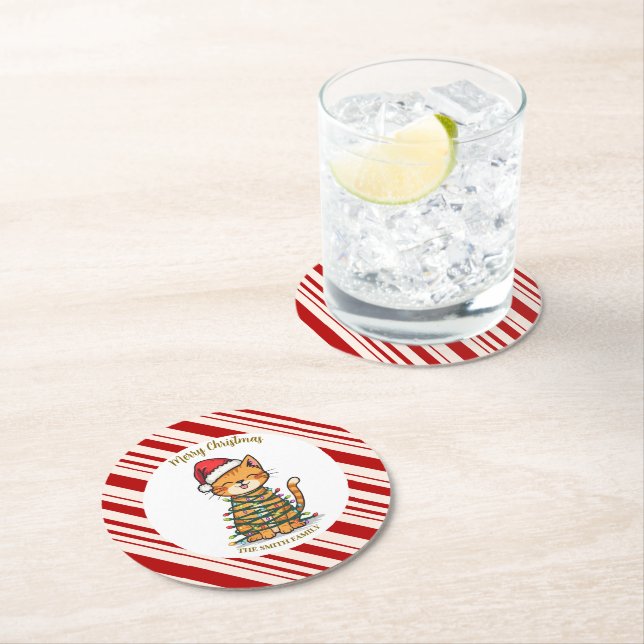 Posavasos Redondo De Papel Simple modern merry christmas kitten CatMAS patter (In situ)