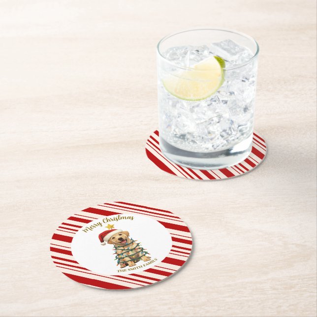 Posavasos Redondo De Papel Simple modern merry christmas  Lab puppy dog patte (In situ)