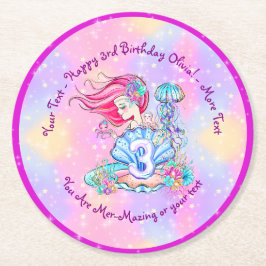 Posavasos Redondo De Papel Sirena 3er cumpleaños Cambio Editar Texto Personal