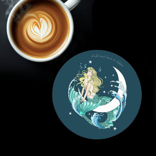 Posavasos Redondo De Papel Sirena Rubia Luna Creciente Arte Fantasía Deco