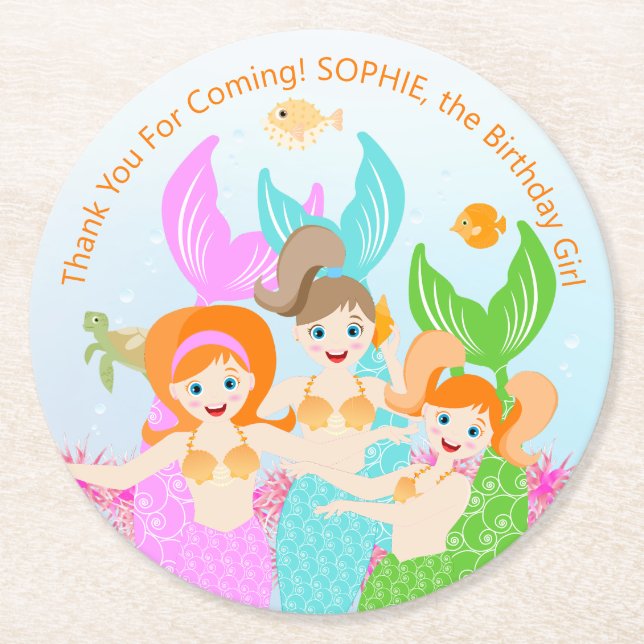Posavasos Redondo De Papel Sirena y amigos fiesta de cumpleaños (Anverso)