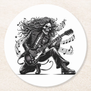 Posavasos Redondo De Papel Skeleton Dinámico Rockstar Jugando Guitarra Eléctr