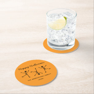 Posavasos Redondo De Papel Skeleton negro y Naranja dibujado en Halloween fel