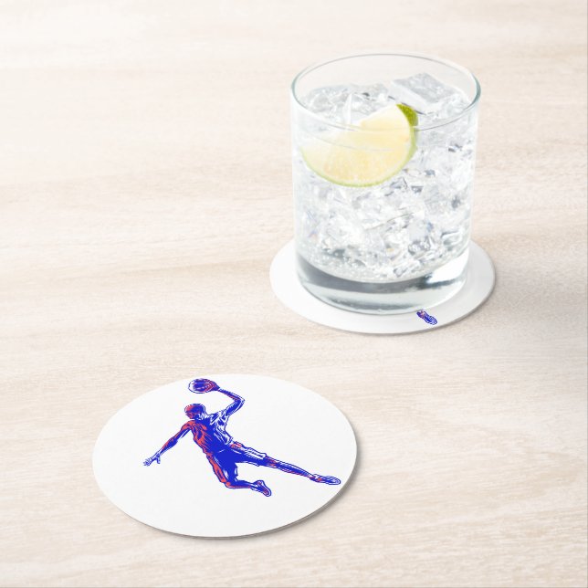 Posavasos Redondo De Papel Slam Dunk, jugador de baloncesto, diseño rojo y az (In situ)