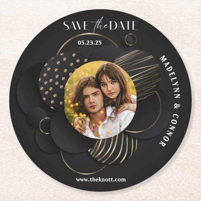 Posavasos Redondo De Papel Smooth Script Vertical Photo Save the Date  (Anverso)