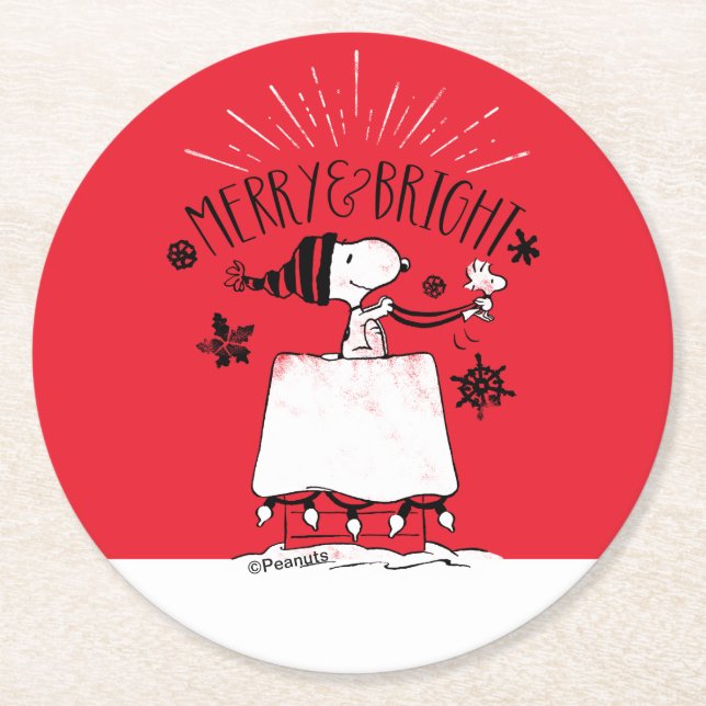 Posavasos Redondo De Papel Snoopy and Woodstock - Merry & Bright (Anverso)