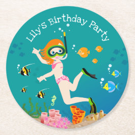 Posavasos Redondo De Papel Snorkeling con chica de peces tropicales Fiesta de