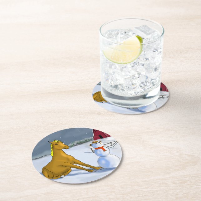 Posavasos Redondo De Papel Snowboy Snowman y la montaña de papel para caballo (In situ)