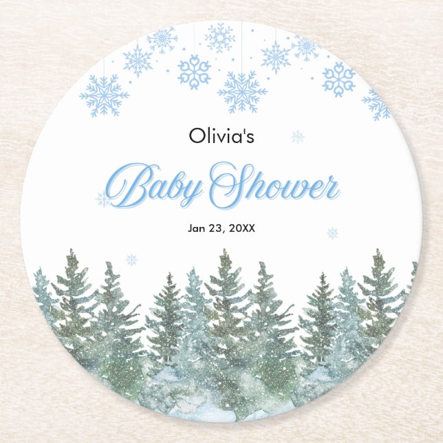 Posavasos Redondo De Papel Snowflakes Pine Trees Winter Baby Shower  (Anverso)