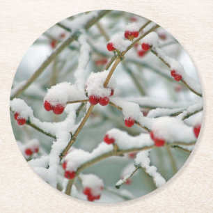 Posavasos Redondo De Papel Snowy Red Berries Winter Scene