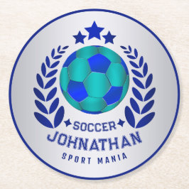 Posavasos Redondo De Papel Soccer Ball Crest | Bright Blue Sport Fan Gifts 