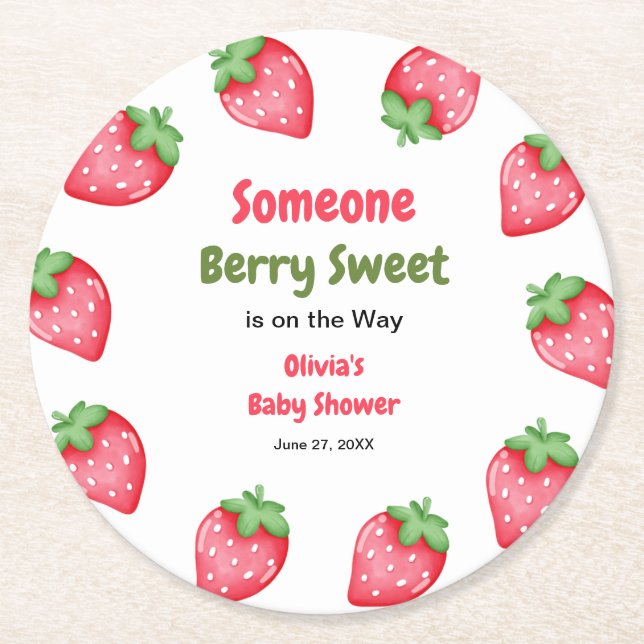 Posavasos Redondo De Papel Someone Berry Sweet Strawberry Baby Shower  (Anverso)