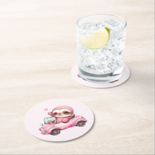 Posavasos Redondo De Papel Sonriente eslogan rosa conduciendo un descapotable