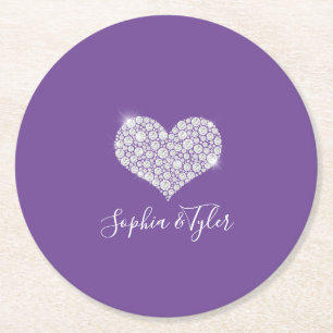 Posavasos Redondo De Papel Sparkling Diamond Heart White Script Names, Purple
