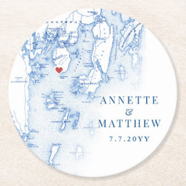 Posavasos Redondo De Papel Spruce Point Maine Map Elegant Blue Wedding Favor
