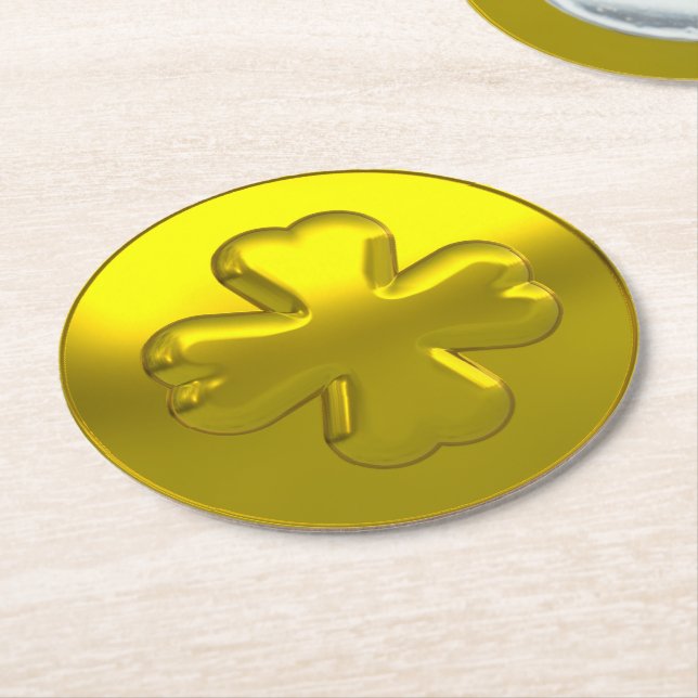 Posavasos Redondo De Papel St. Patrick’s Day Luxury Gold Shamrock Coin (En perspectiva)