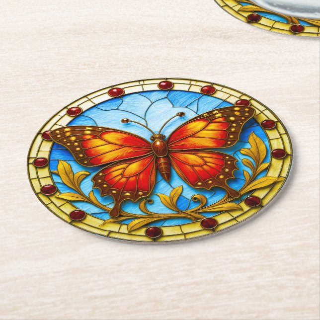 Posavasos Redondo De Papel Stained glass window butterfly (En perspectiva)
