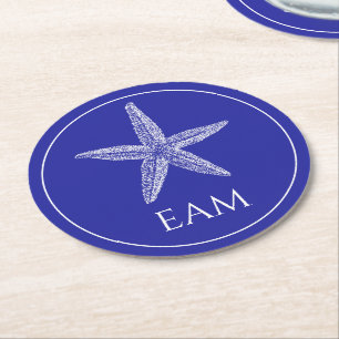 Posavasos Redondo De Papel Starfish blanco costero en monograma azul marino