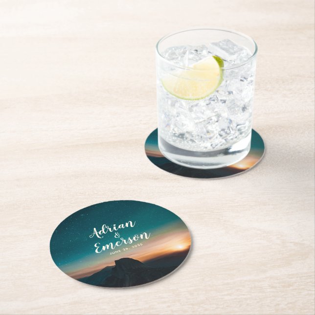 Posavasos Redondo De Papel Starry Night Sky Mountain & Sunset Boda Moderno (In situ)