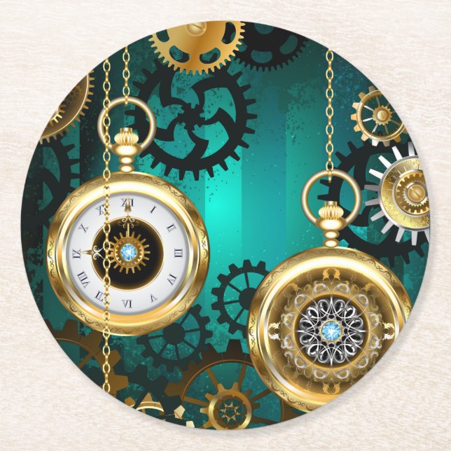 Posavasos Redondo De Papel Steampunk Jewelry Watch sobre un fondo verde (Anverso)