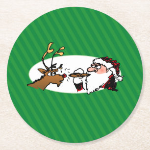 Posavasos Redondo De Papel Stogie Santa y los renos en franjas verdes