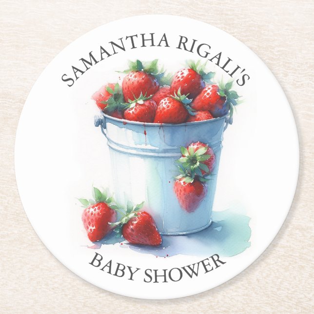 Posavasos Redondo De Papel Strawberry Baby Shower Keepsake (Anverso)