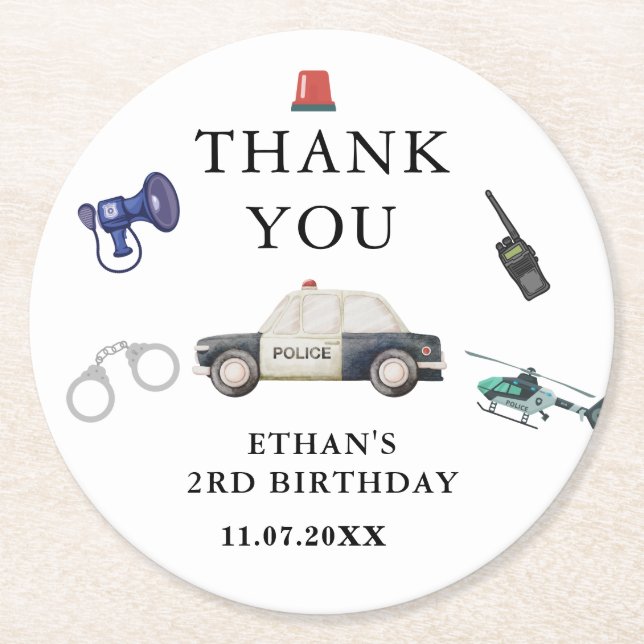 Posavasos Redondo De Papel Stylish Police Kids Birthday (Anverso)