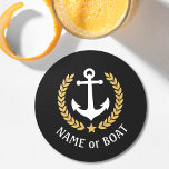 Posavasos Redondo De Papel Su nombre de barco Anchor Gold Laurel Star Black<br><div class="desc">Un juego de gallos de papel redondo con temática náutica, personalizado, con el nombre de tu barco, el apellido u otro texto deseado según sea necesario. Con un ancla de bote vintage diseñado por un personalizado, hojas de laurel de estilo dorado y emblema estrella sobre negro o ajustar fácilmente el...</div>