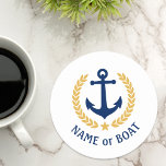 Posavasos Redondo De Papel Su nombre de barco Anchor Gold Laurel Star White<br><div class="desc">Un juego de gallos de papel redondo con temática náutica, personalizado, con el nombre de tu barco, el apellido u otro texto deseado según sea necesario. Con un ancla de bote vintage diseñado por un personalizado, hojas de laurel de estilo dorado y emblema estrella sobre blanco o ajustar fácilmente el...</div>